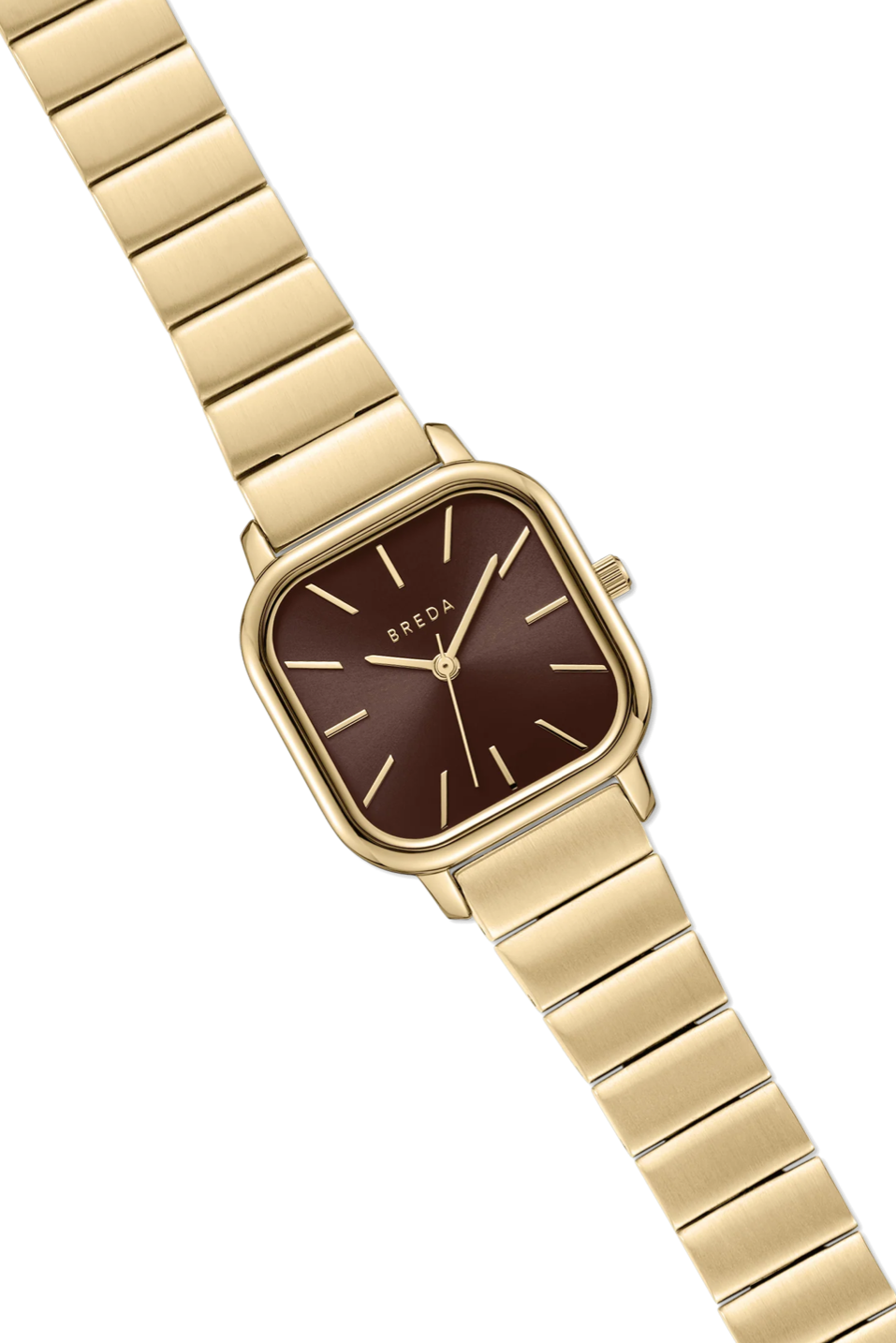 Gold watch band with links and a boxy square clock frame with brown fill 