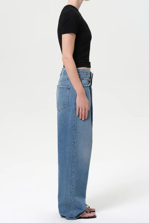 Image of model wearing the Agolde Franka Pleated Baggy Jean side view