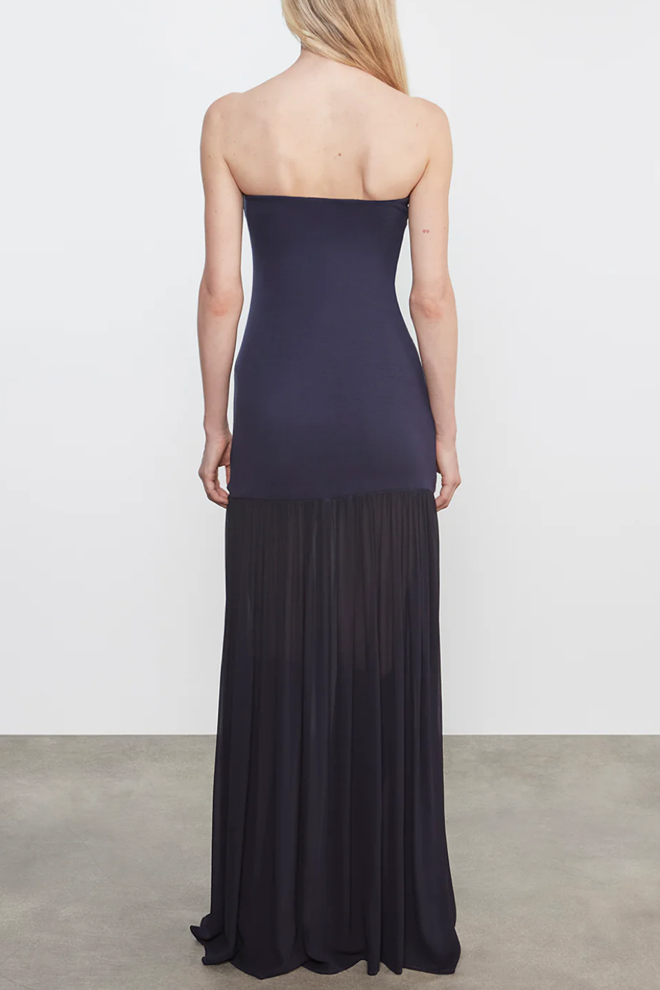 strapless long sheer bottom dress in a dark navy/blue 