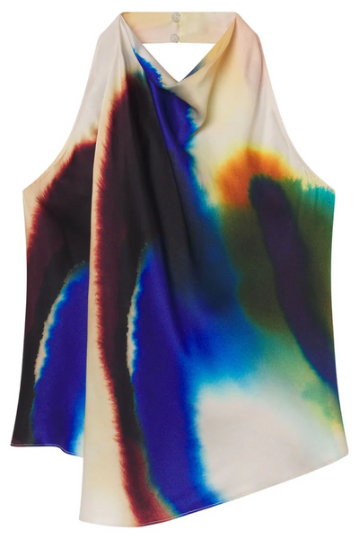 Colorful tie-dye halter top on a white background