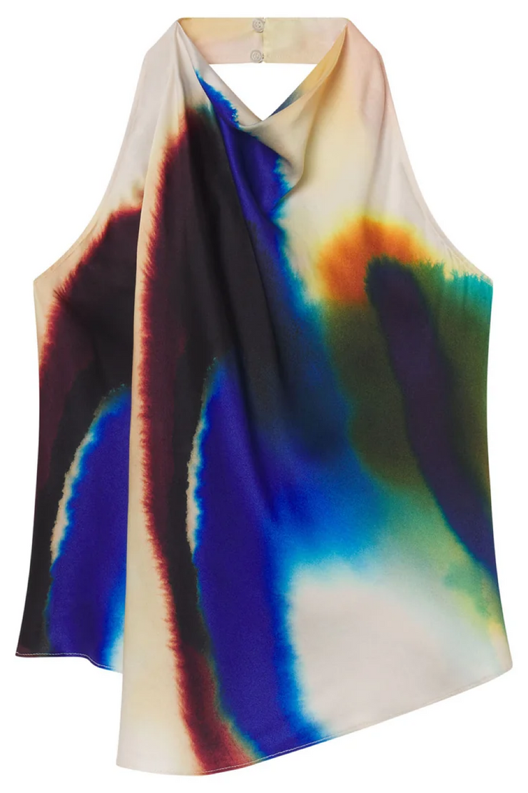 Colorful tie-dye halter top on a white background