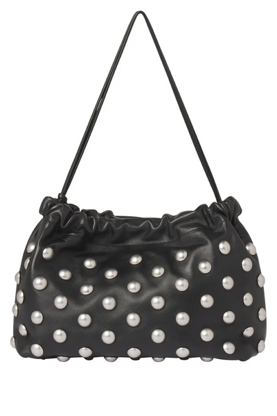 Black handbag with silver embellishments on a white background
