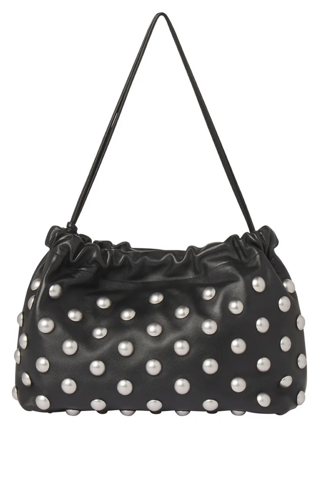 Black handbag with silver embellishments on a white background