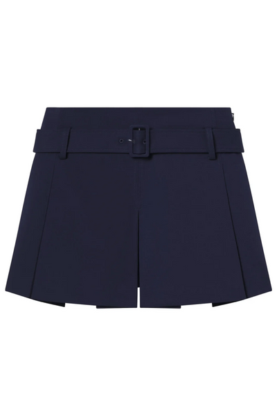 Navy blue shorts with a belt on a white background