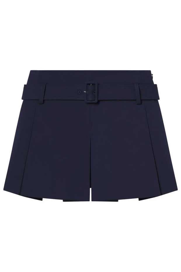 Navy blue shorts with a belt on a white background
