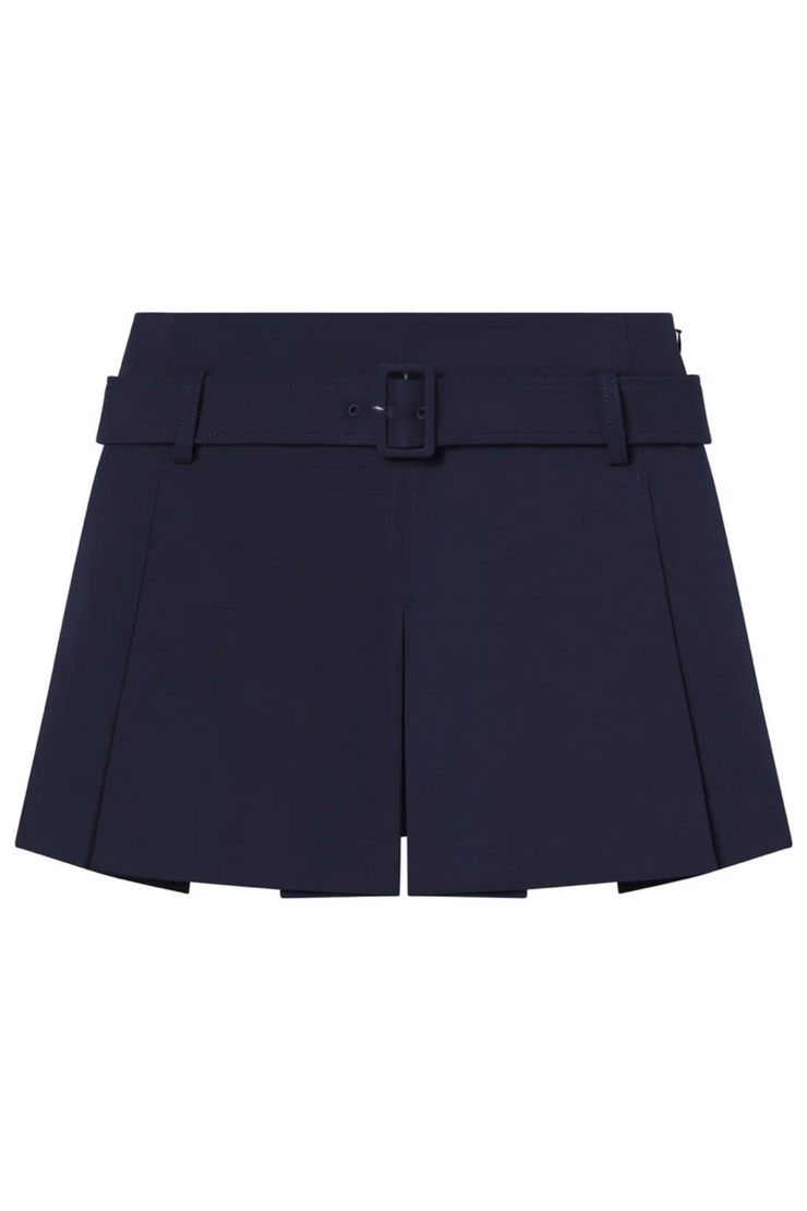 Navy blue shorts with a belt on a white background