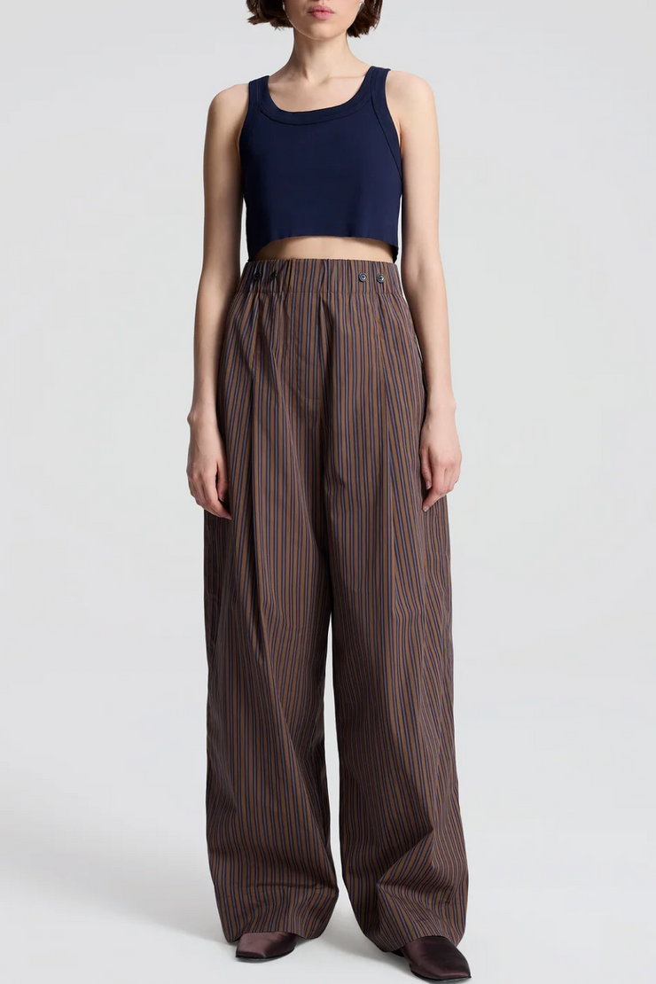 Person wearing a navy crop top and brown striped pants on a white background