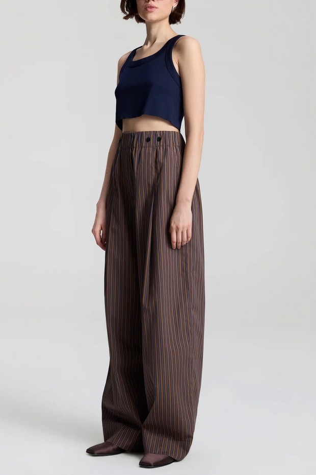 Woman wearing a navy top and brown striped pants on a white background