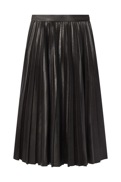 Image of a vegan pleated leather skirt in deepest brown