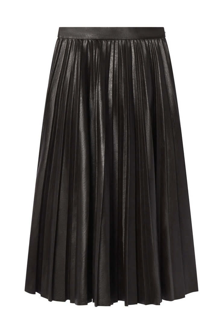 Image of a vegan pleated leather skirt in deepest brown