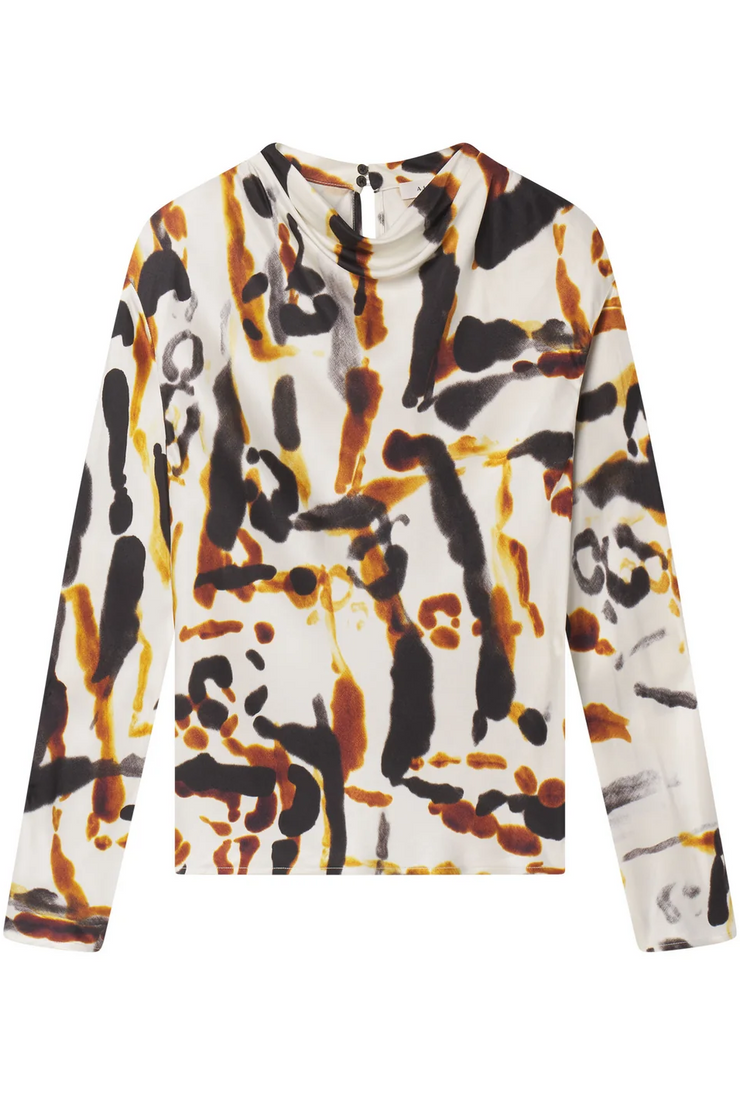 Long-sleeve shirt with abstract multicolor pattern on a white background