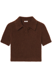 Brown short-sleeve sweater with collar on a white background