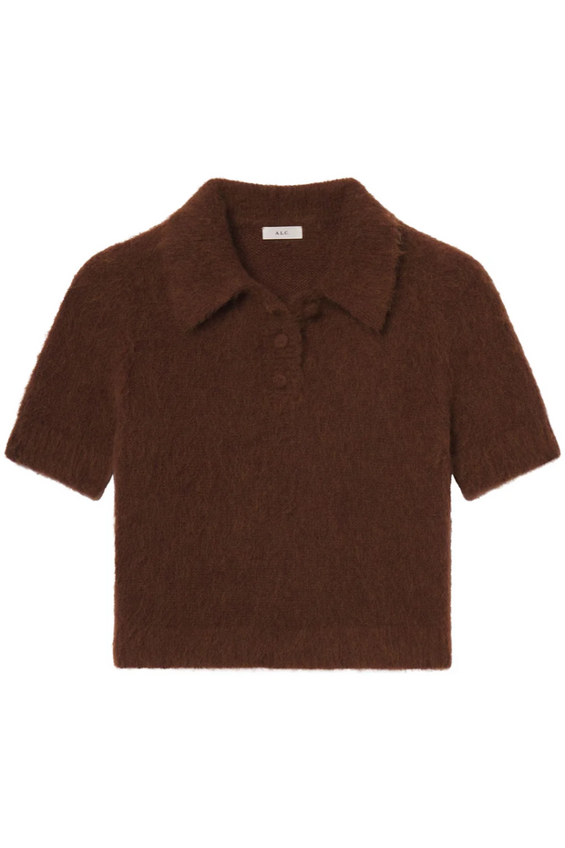 Brown short-sleeve sweater with collar on a white background