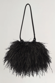 Black feathered handbag on a light gray background