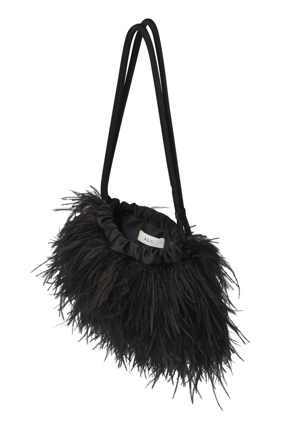 Black feathered handbag on a white background