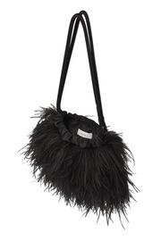 Black feathered handbag on a white background