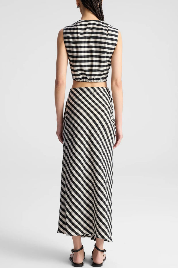 Image of model wearing the A.L.C Jean Skirt back view