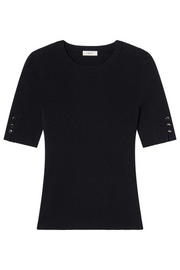 Navy short-sleeve top with button details on a white background