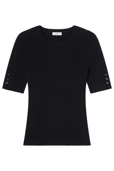 Navy short-sleeve top with button details on a white background