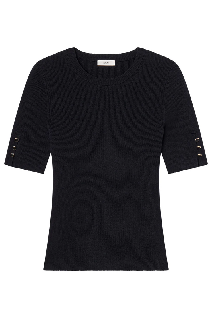 Navy short-sleeve top with button details on a white background