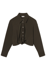 Dark olive brown long-sleeve shirt with a twist front on a white background
