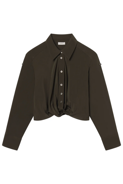 Dark olive brown long-sleeve shirt with a twist front on a white background