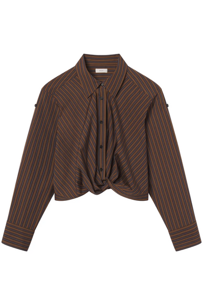 Brown pinstripe shirt with a knotted front on a white background