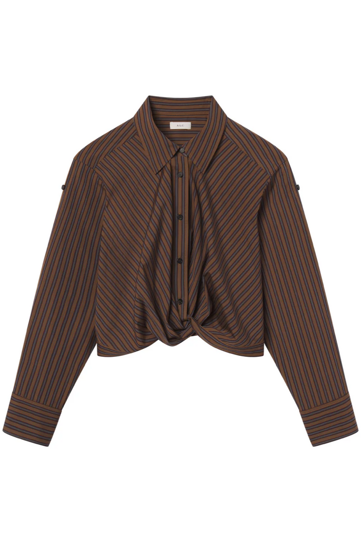 Brown pinstripe shirt with a knotted front on a white background