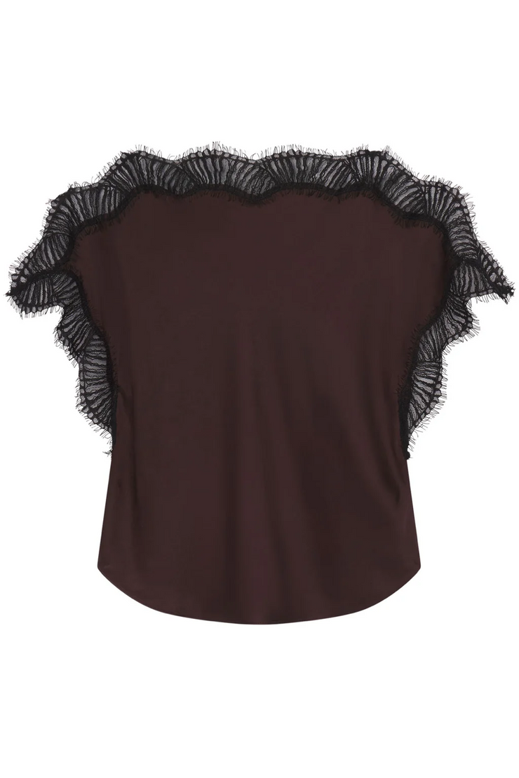 Brown top with black ruffled sleeves on a white background