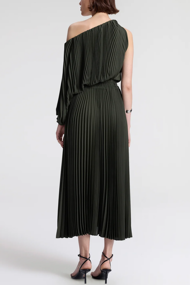 Green one-shoulder pleated dress on a white background