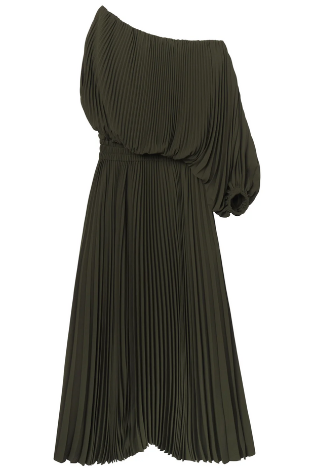 Green pleated dress on a white background
