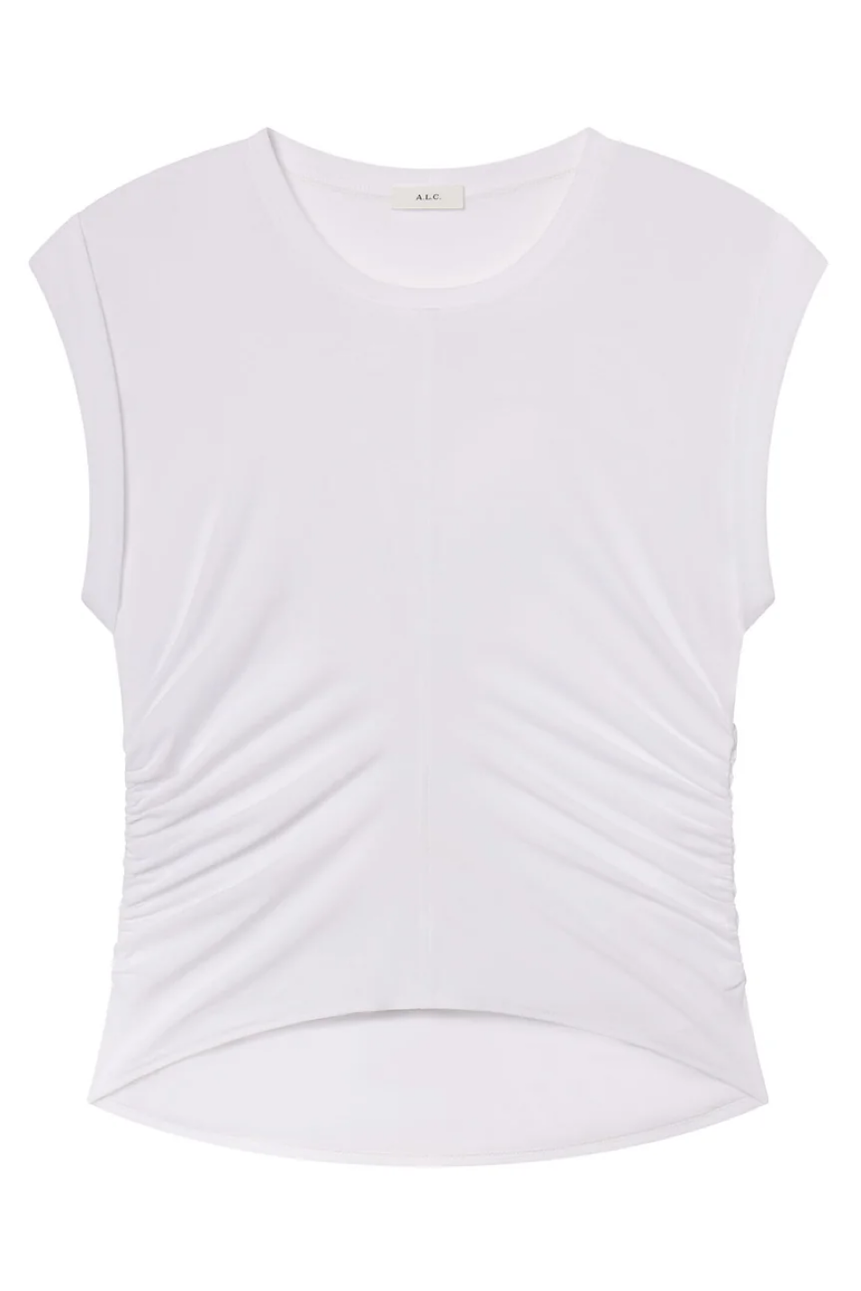 White sleeveless top with pleated design on a white background