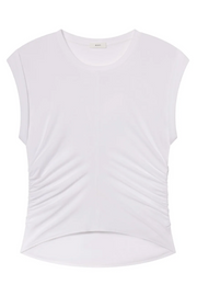 White sleeveless top with pleated design on a white background