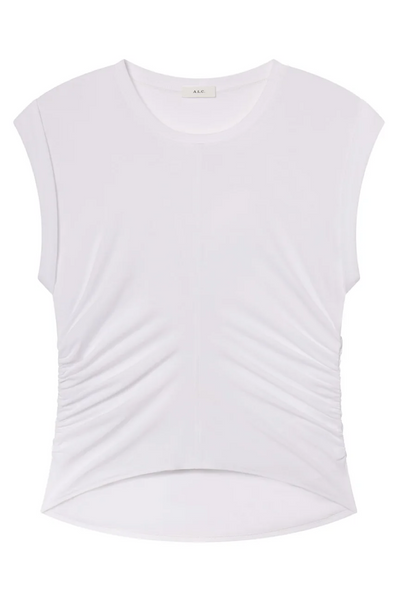 White sleeveless top with pleated design on a white background