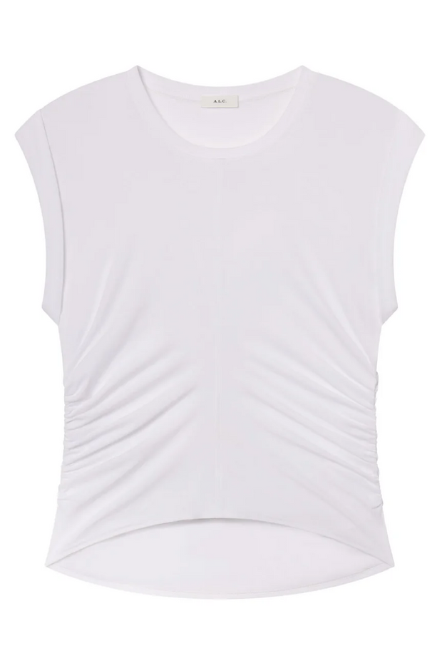 White sleeveless top with pleated design on a white background