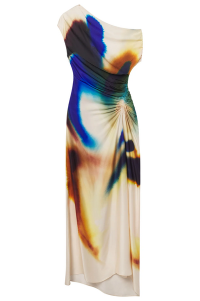 Colorful one-shoulder dress with abstract pattern on a white background