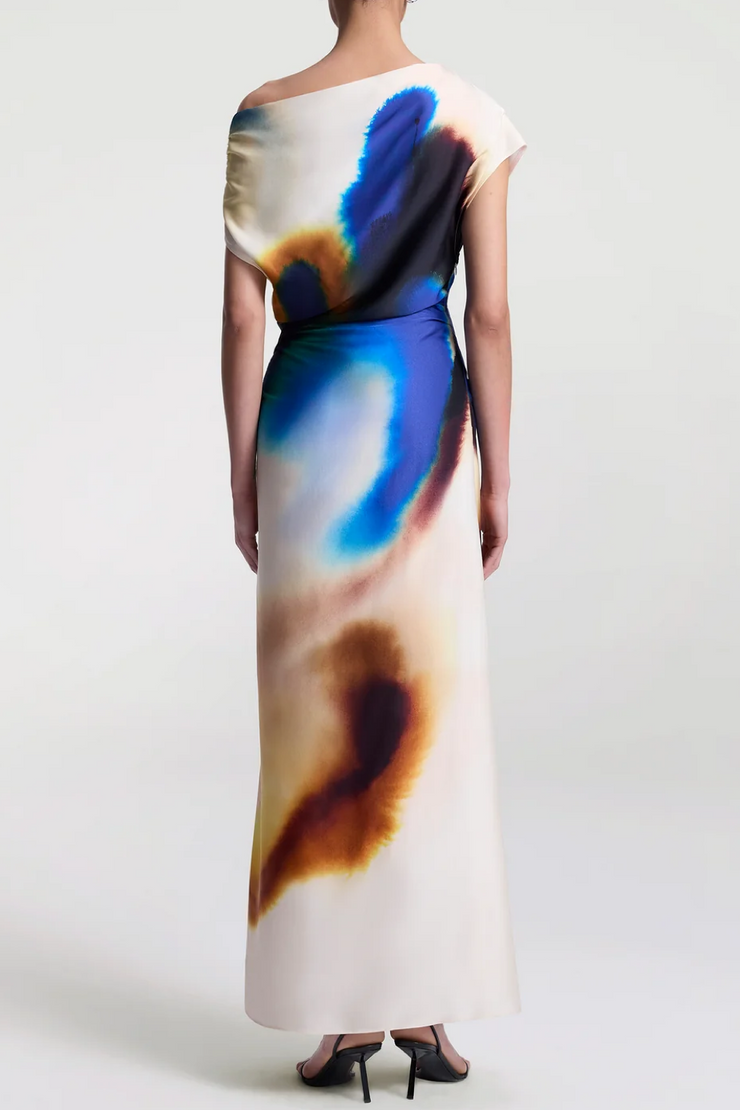Long dress with abstract multicolor design on a plain background