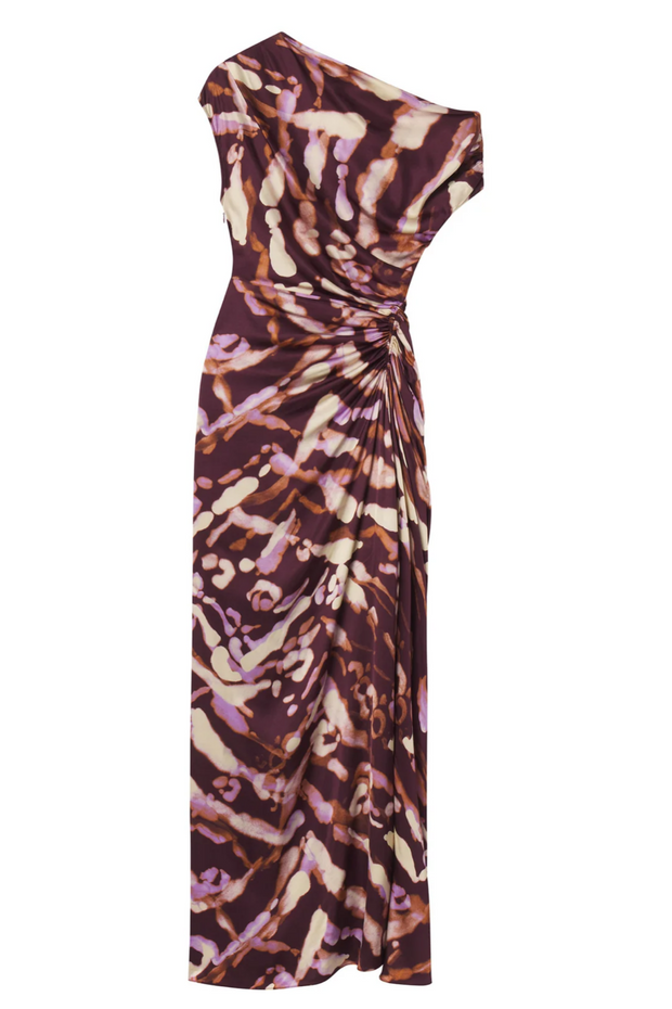 Long dress with a multicolor abstract pattern on a white background