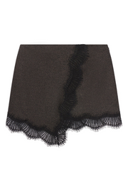 Black lace-trimmed skirt on a white background