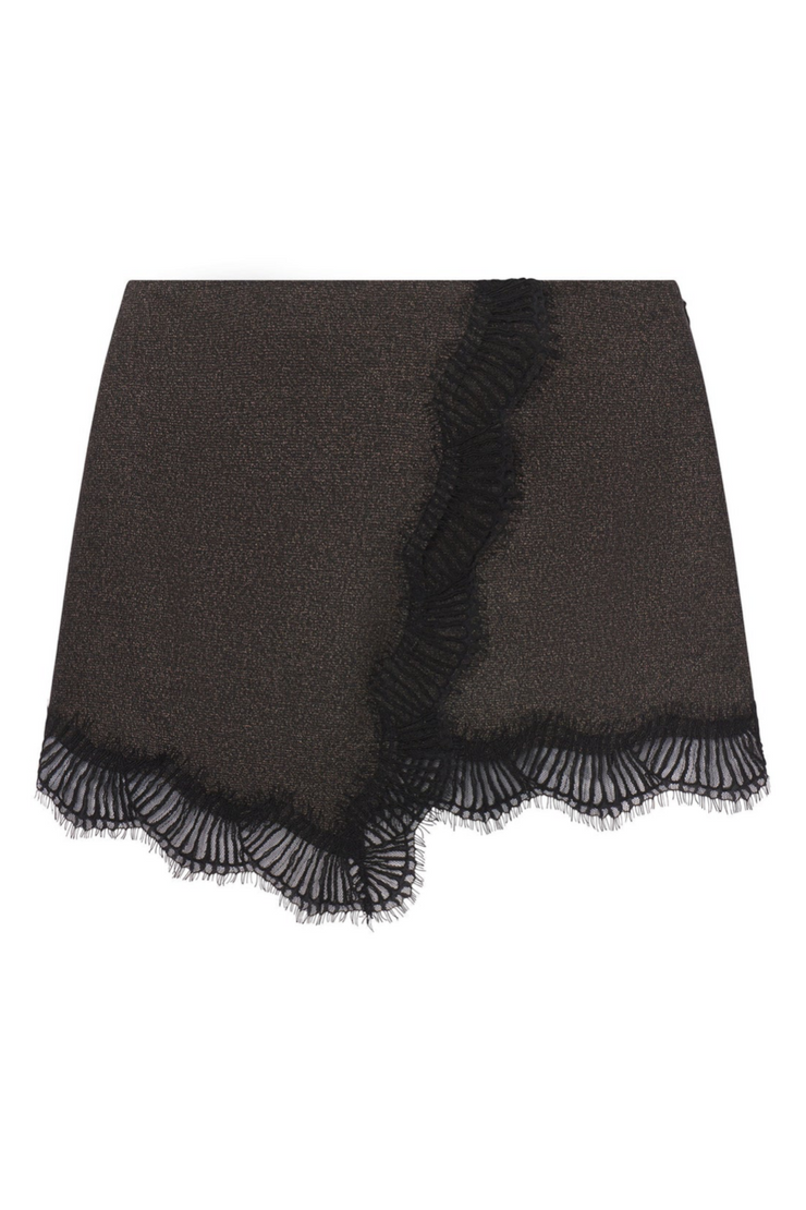 Black lace-trimmed skirt on a white background
