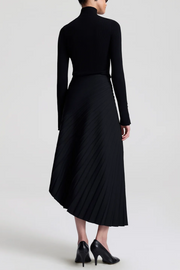 Person wearing a black turtleneck and black skirt on a white background