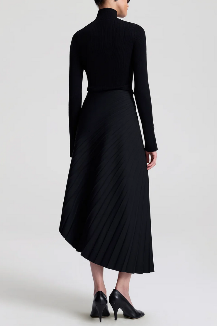 Person wearing a black turtleneck and black skirt on a white background