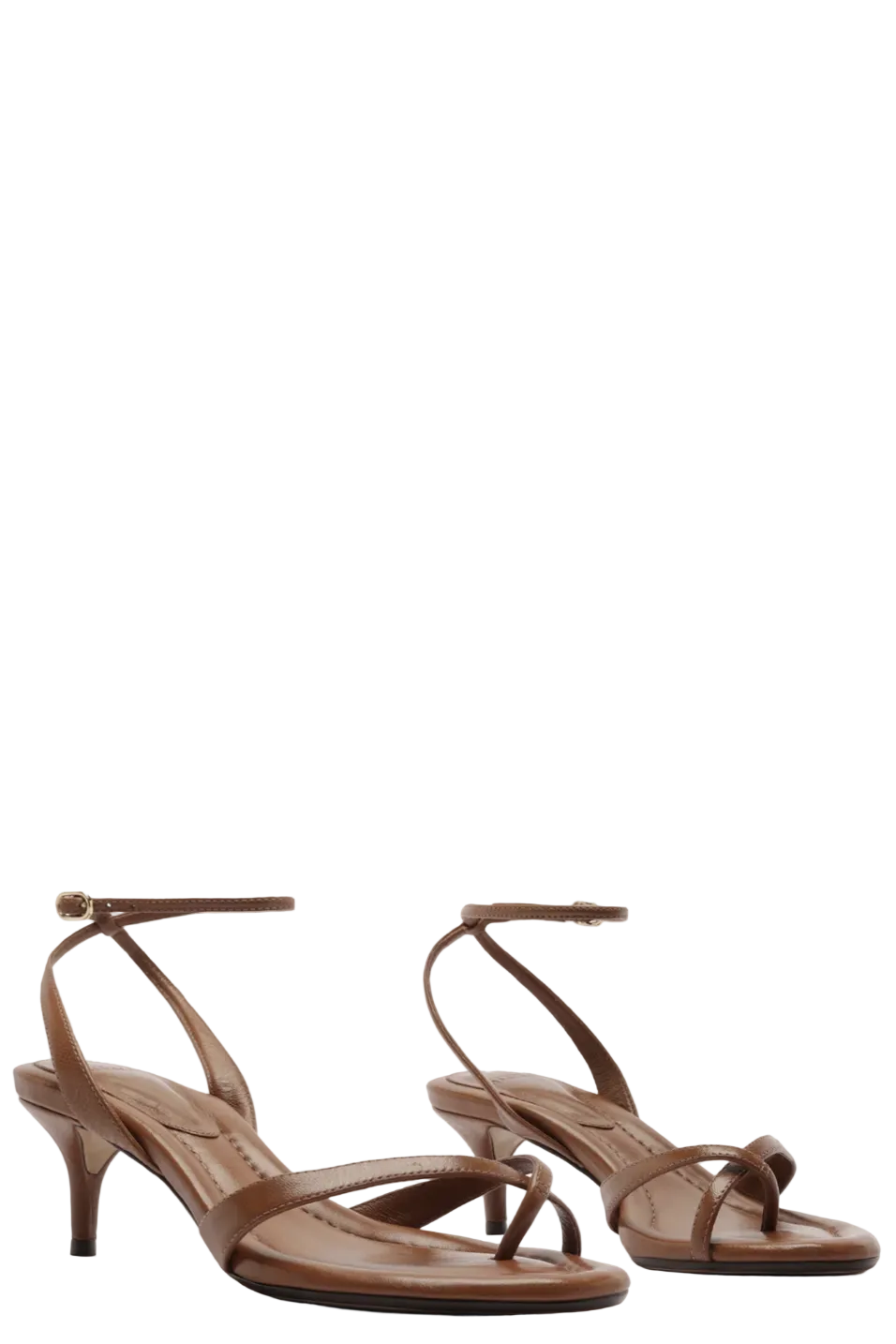 Pair of brown high-heeled sandals on a white background