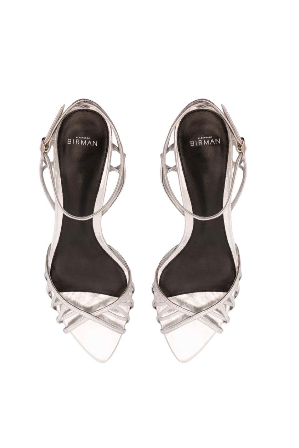 Pair of silver high-heeled sandals with 'Birman' branding on a white background