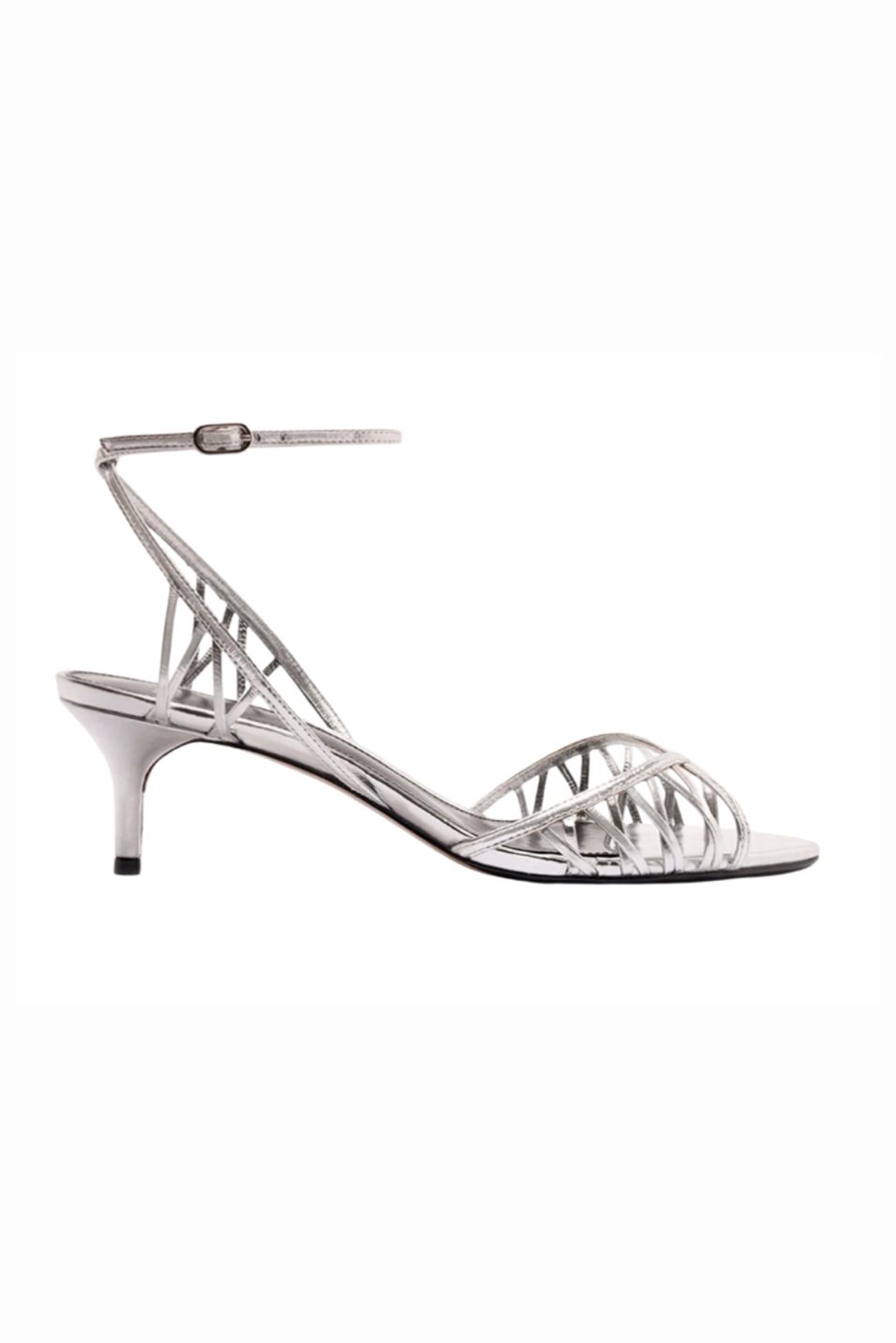 Silver high-heeled sandal with thin straps on a white background