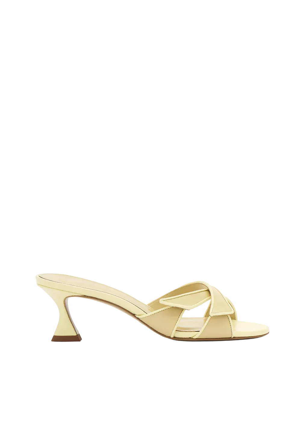 Light yellow sandal with a unique heel design on a white background