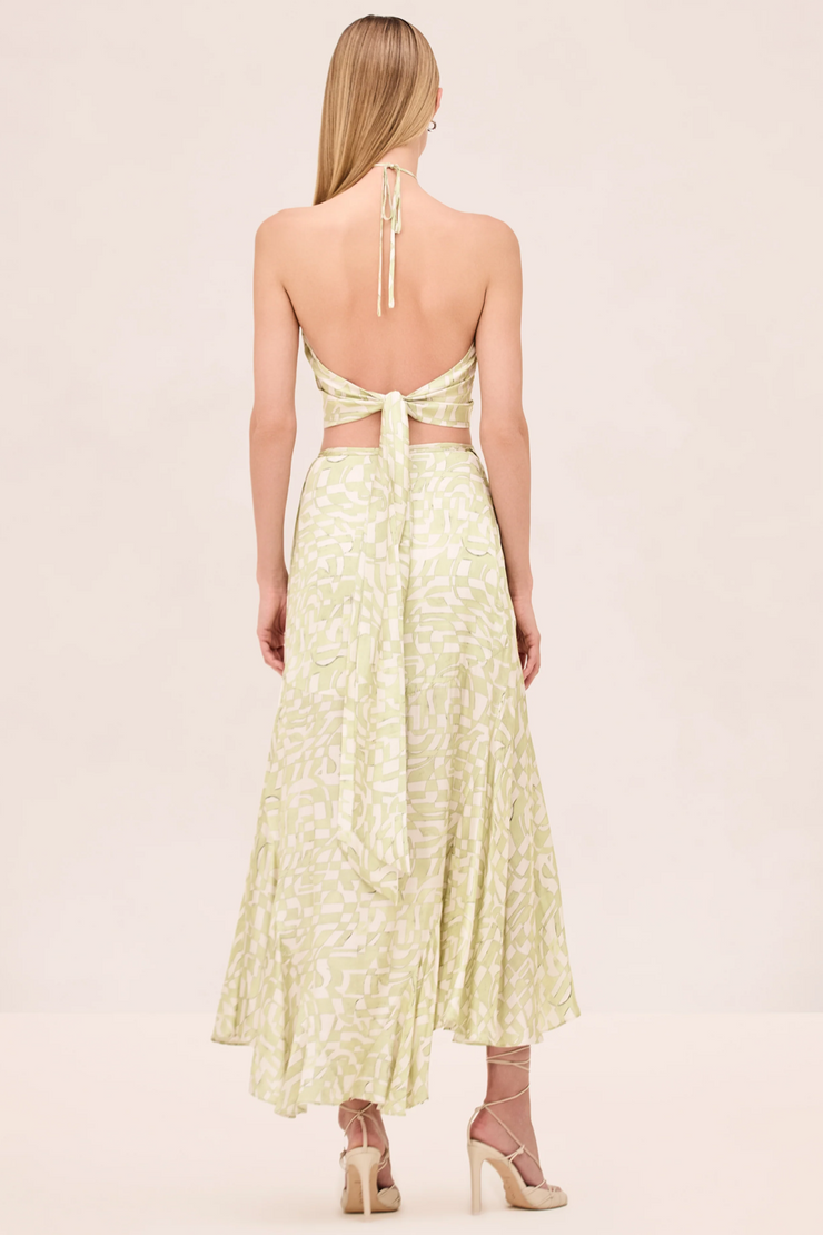Back image of model wearing Alexis Alenzia skirt and matching top 