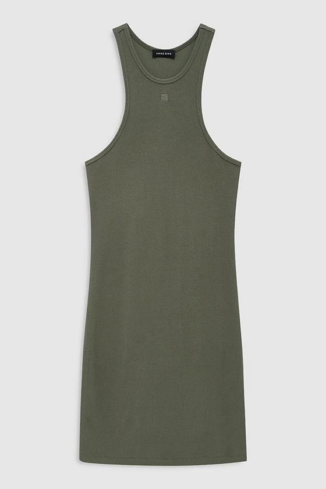 Green tank dress on a light gray background