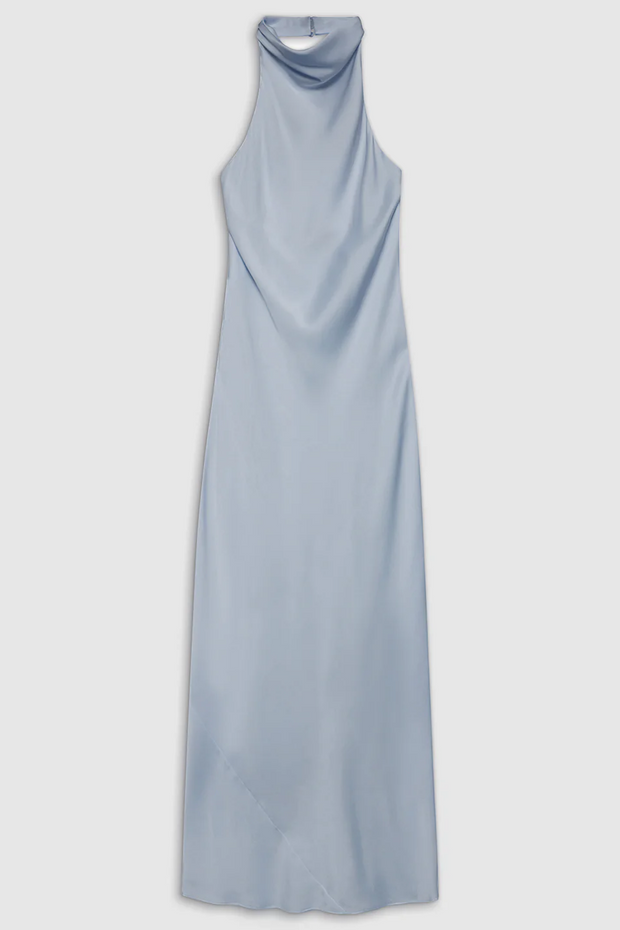 Light blue halter neck dress on a light gray background