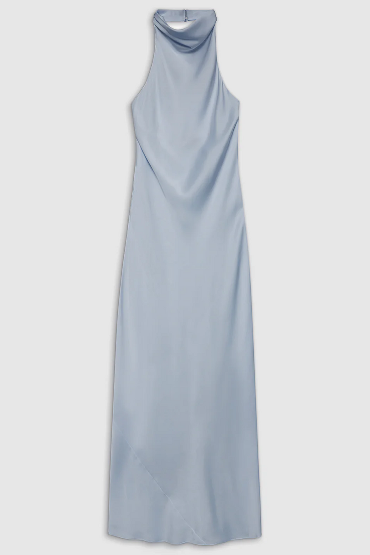 Light blue halter neck dress on a light gray background